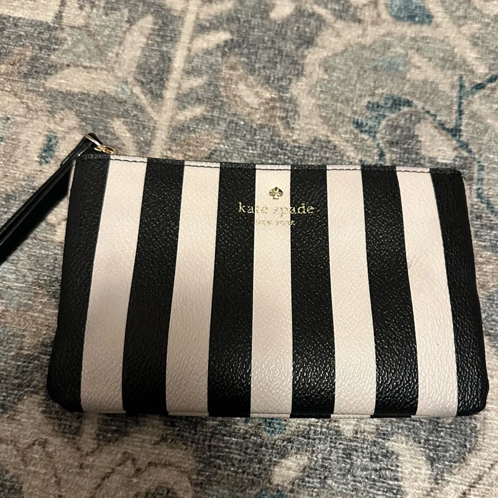 Kate Spade Women’s Leather Black and White Stripe Wristlet Clutch